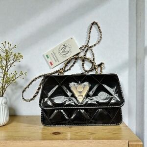 Valentino Orlandi Black Patent Mini Bag with Gold Accents